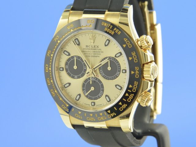 Rolex Cosmograph Daytona 40 Yellow Gold Rubber Strap Black & Champagne Dial 116518LN